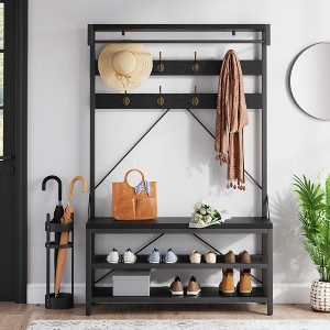 Coat Rack Shoe Bench Large Hall Tree Shoe Rack Entryway 3-Tier Storage Shelf and Hooks Removable Industrial Accent Furniture - 1 of 4