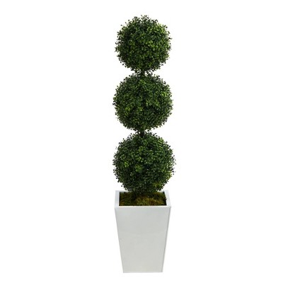 46" Indoor/Outdoor Boxwood Triple Ball Topiary Artificial Tree in Metal Planter White/Green - Nearly Natural