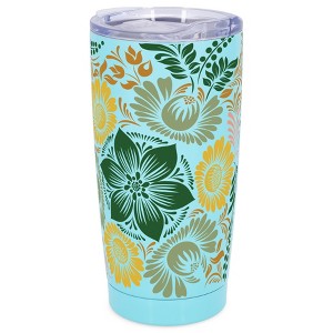 Elanze Designs 20 oz Stainless Steel On the Go Insulated Travel Tumbler With Push Top Lid, Floral Mosaic Sky Blue - 1 of 4