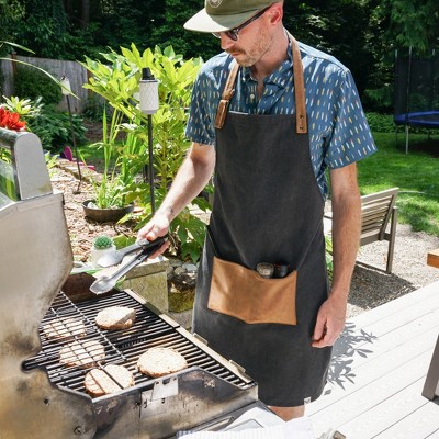 Black Canvas Cooking Apron with Faux Leather Straps and Pocket