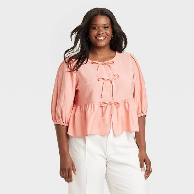 Women's Elbow Sleeve Peplum Tie-Front Blouse - A New Day™ Pink 4X