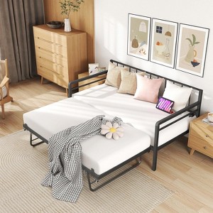 Zevemomo Twin Daybed with Pop Up Trundle,Metal Day Bed Frame， LED Lights Day Bed with Trundle Bed Twin,Black Daybed for Living Room,Bedroom - 1 of 4