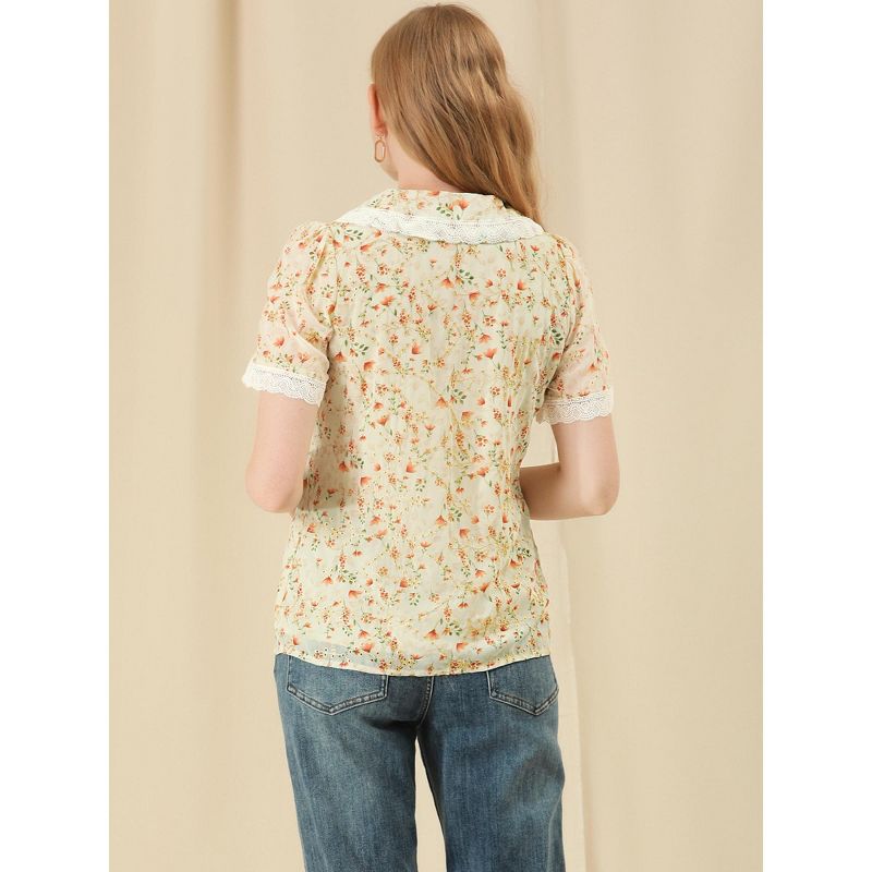 Allegra K Women's Peter Pan Collar Lace Trim Embroidered Casual Floral Blouse, 5 of 7