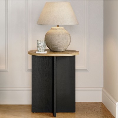 Stead Round Black Side Table With Burl Top - Modern Furniture - 16 Inch End Table - Small Wood Accent