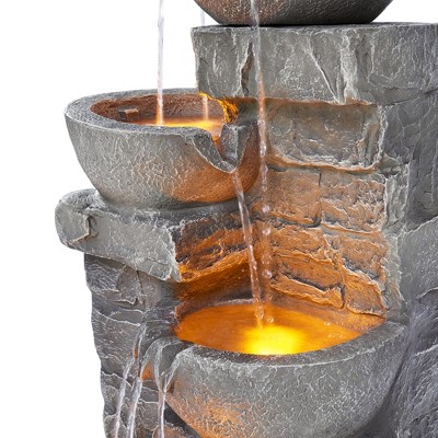 Stone Gray Cascading Bowls and Stacked Stones LED Outdoor Fountain