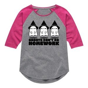 Girls' - Instant Message - Ghosts Dont Do Homework Shirt Tail Raglan Graphic T-shirt - 1 of 4