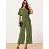 Seta T Women's Crewneck Short Sleeve Belted High Waist Wide Leg Jumpsuits with Pockets - 3 of 4