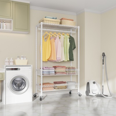 White Metal Free-Standing Closet with Adjustable Shelves and Wheels
