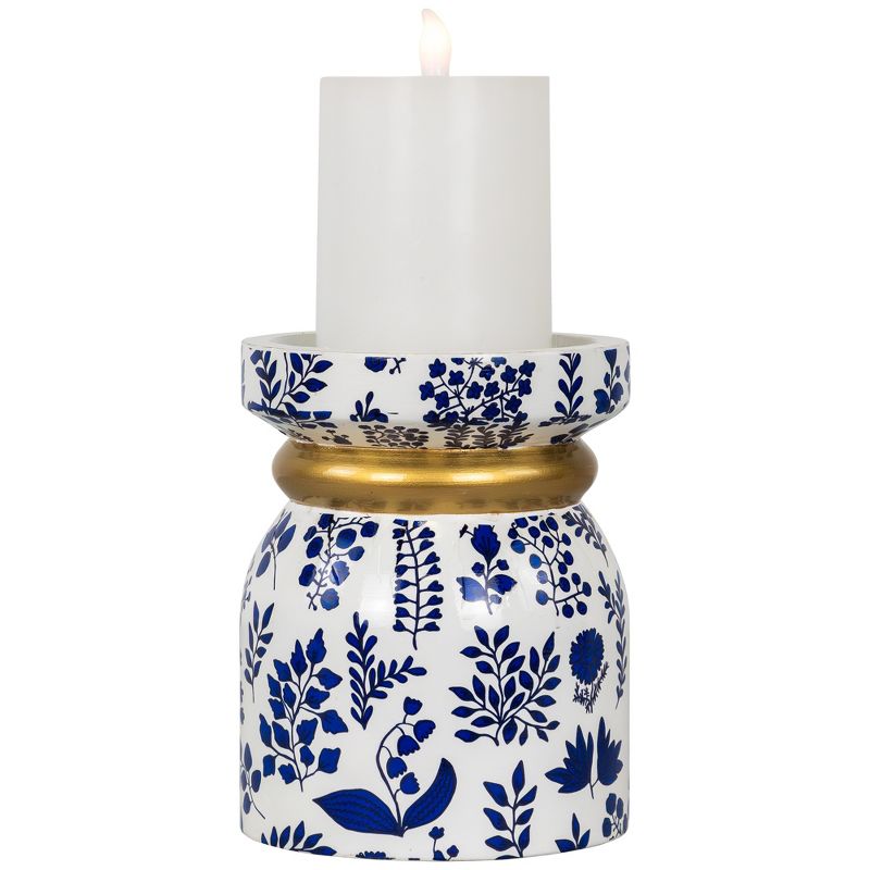 Northlight Floral Wooden Candle Holder - 6" - White and Blue, 1 of 7