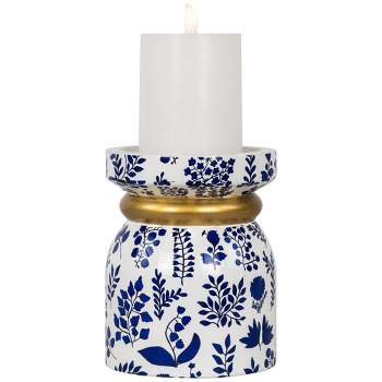 Northlight Floral Wooden Candle Holder - 6" - White and Blue