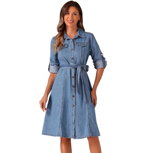 Allegra K Women s Denim Shirt Dress Button Down Long Sleeve Belted Classic Jean Dresses Light Blue X small Target