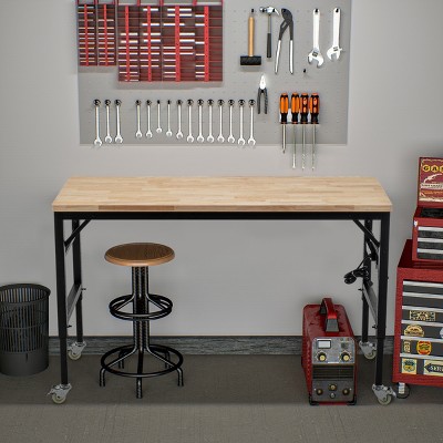 Adjustable Workbench with Power Outlets Wheels and Solid Wood Top Heavy-Duty Steel Frame 60in -3irtyhousy