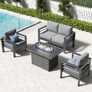 LayinSun Aluminum Furniture Set with Fire Pit Table, 4 Pieces Patio Sectional Conversation Chat Sofa Modern Seating Set - 1 of 4