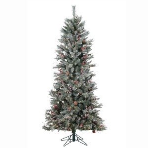 Vickerman 7' x 40" Frosted Berry Pine Artificial Tree 250 Clear Mini Lights, Metal Stand - 1 of 2