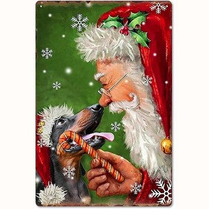 Lomsoe Santa Giving Dachshund Candy Cane Christmas Decorations Rustic Aluminum Wall Art Christmas Metal Tin Sign Christmas Gift 8x12in - 1 of 1