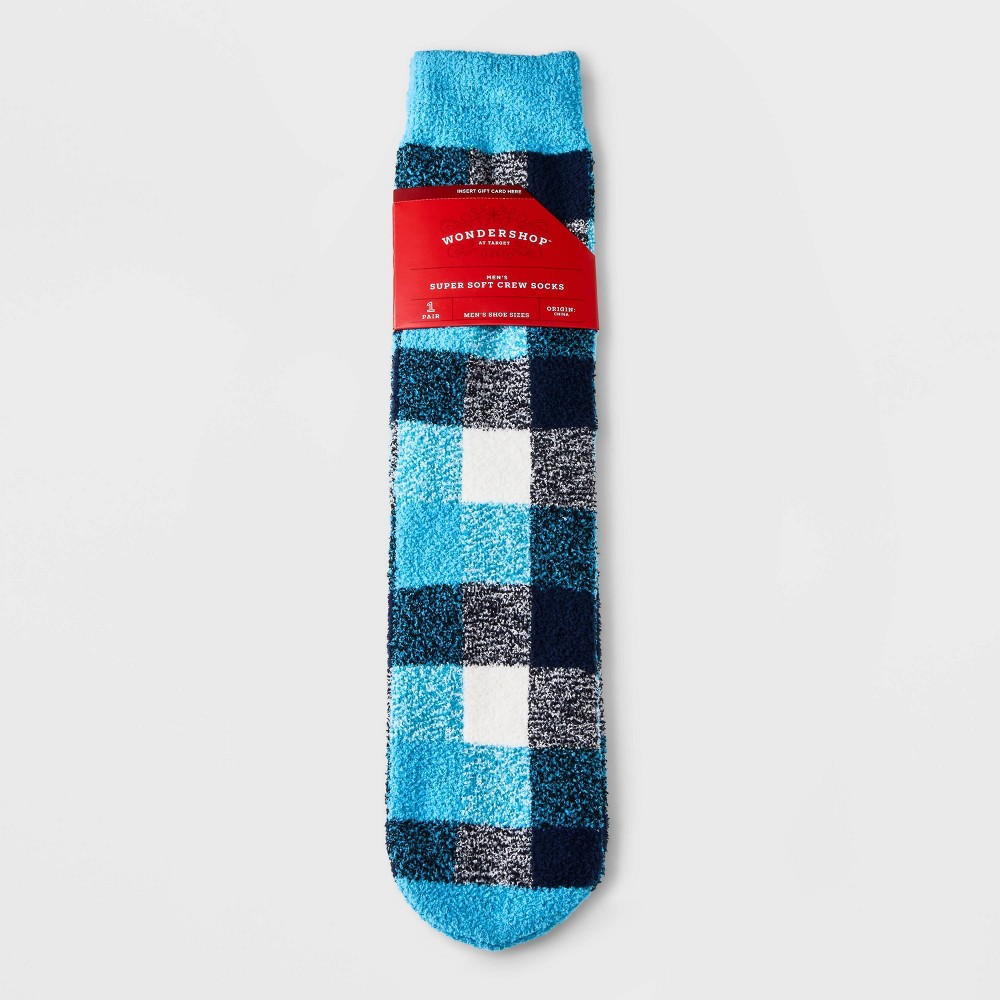 Men's Buffalo Check Plaid Cozy Crew Socks with Gift Card Holder - Wondershop Aqua Blue 6-12