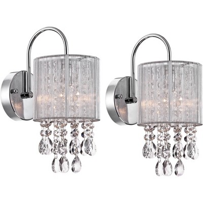 Possini Euro Design Modern Wall Light Sconces Set of 2 Chrome Hardwired 6" Fixture Curved Arm Clear Crystal Silver String Drum Shade for Bedroom House