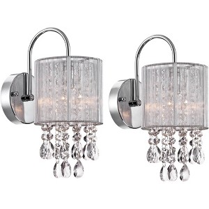 Possini Euro Design Modern Wall Light Sconces Set of 2 Chrome Hardwired 6" Fixture Curved Arm Clear Crystal Silver String Drum Shade for Bedroom House - 1 of 4