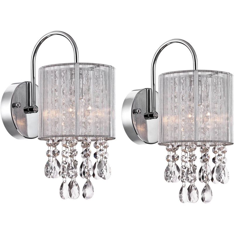 Possini Euro Design Modern Wall Light Sconces Set of 2 Chrome Hardwired 6" Fixture Curved Arm Clear Crystal Silver String Drum Shade for Bedroom House, 1 of 9