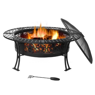 Sunnydaze Outdoor Camping or Backyard Steel Round Four Star Fire Pit Table with Spark Screen - 40" - Black