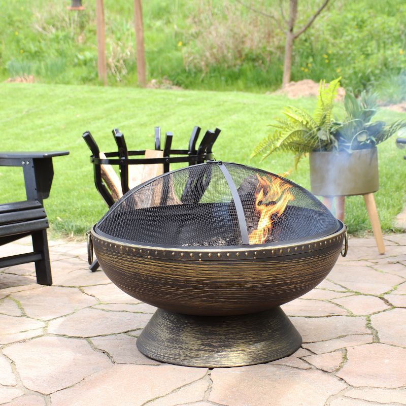 Sunnydaze Outdoor Camping or Backyard Large Fire Pit Bowl with Spark Screen, Log Poker, and Metal Wood Grate - 30" - Bronze, 4 of 15