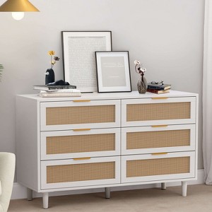 51.18" White 6-Drawer Rattan Storage Cabinet for Bedroom & Living Room - 1 of 4