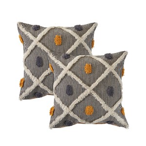 HomeRoots Set of Two Black and Yellow Striped Cotton Throw Pillows With Fringe - 1 of 4