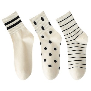 Anna-Kaci 3 Pairs Women's Crew Socks in Cotton Blend Ribbed Cuff Assorted Stripes Dots Letter Graphic Print Design - 1 of 4