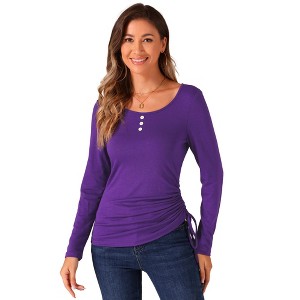 INSPIRE CHIC Women's Scoop Neck Button Stretch Ruched Drawstring Top - 1 of 4