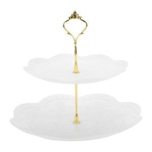 Unique Bargains 2 Tier Dessert Cupcake Stand Round Cup Cake Holder Tower White Gold Tone - 1 of 4