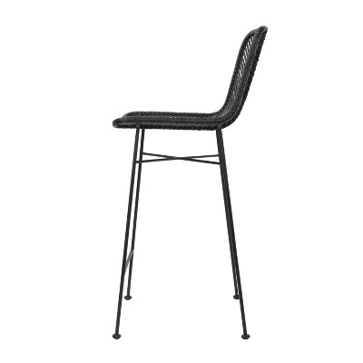 Tropical Chic Black Rattan and Metal High-Back Bar Stool
