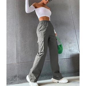 Women's Summer Fall Casual Elastic Waist Wide Leg Straight Cargo Pants Flap Pockets Loose Fit Solid Color Daily Long Trousers - 1 of 4