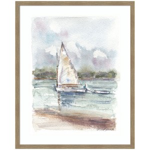 Kate and Laurel Framed Art 1 Maryanne Welch Chatham Fog Sailboat by Patricia Shaw, 34x42, Woodgrain Stripe Mocha - 1 of 4