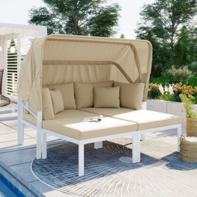 3-Piece Patio Daybed with Retractable Canopy Outdoor Metal Sectional Sofa Set Sun Lounger with Cushions for Backyard, Porch, Poolside