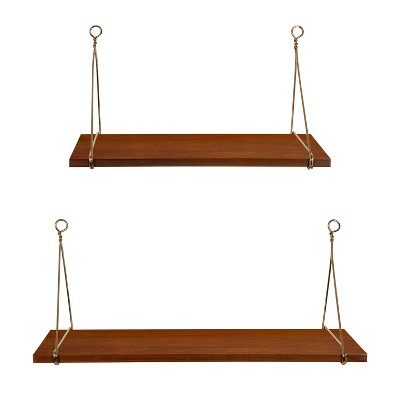 Walnut Brown Floating Wood Wall Shelf Duo, 26.5 in