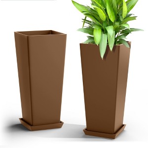 TUYOHW Set of 2 Tall Planters for Plants, 24" Tapered Tall Planters with Tray for Porch, Patio, Backyard, Large Planters for Outdoor Indoor Plants - 1 of 4