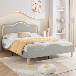 Full/ Twin/ Queen Velvet Upholstered Platform Bed frame with Adjustable Headboard and Footboard, Wooden Slats Support, No Box Spring Needed, Beige - 1 of 4