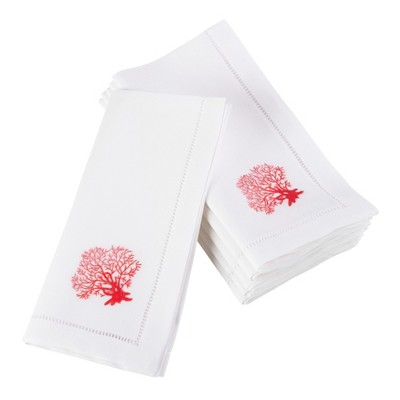 Saro Lifestyle Embroidered Coral Hemstitched Border Cotton Napkin (Set of 6 pcs), 20", White