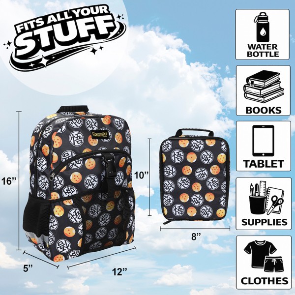 Set de mochila y lonchera de 16" de Dragon Ball Z con estampado completo para escuela y viajes 2