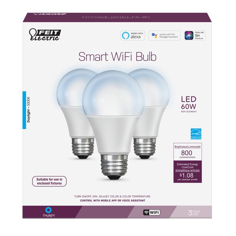 Feit Electric A19 E26 (Medium) LED Smart WiFi Bulb Daylight 60 Watt Equivalence 3 pk, 1 of 4