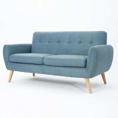 Mid-Century Blue Tufted Fabric Sofa with Wood Legs