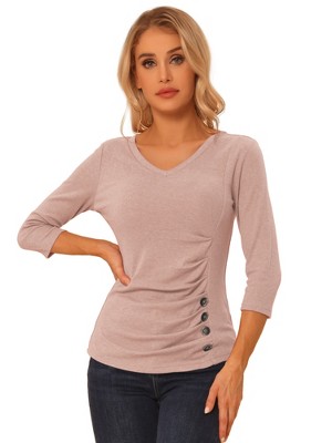 INSPIRE CHIC Women's V Neck 3/4 Sleeves Solid Knitted Buttons Decor Ruched Blouse