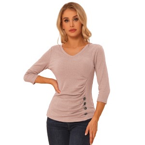 INSPIRE CHIC Women's V Neck 3/4 Sleeves Solid Knitted Buttons Decor Ruched Blouse - 1 of 4