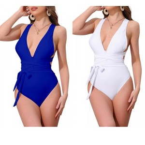 INSPIRE CHIC Women's Deep V Neck Criss Cross Tummy Control High Cut Swimwear Monokini Bikini Suits 2 Sets - 1 of 4