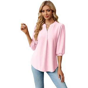 Women Summer Fall Casual 3/4 Long Sleeve Kint Shirt V Neck Solid Color Loose Fit T-Shirt Top Blouse - 1 of 4