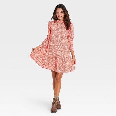 pink long sleeve ruffle dress