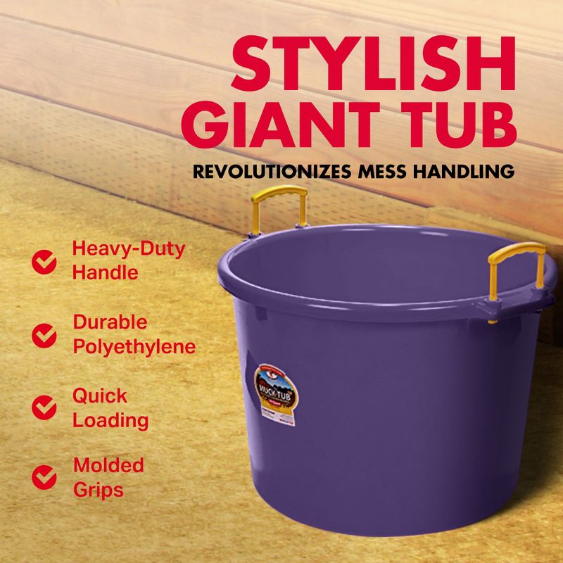 Little Giant 70 Quart Muck Tub Durable and Versatile Utility Bucket with Molded Plastic Rope Handles for Big or Small Cleanup Jobs, Purple, 3 of 7