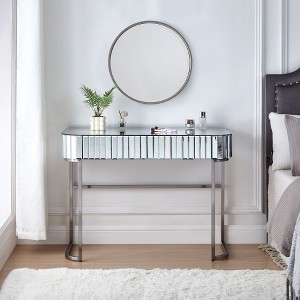 Okak 33.9" Mirrored Makeup Vanity Desk with Mirror, Console Vanity Table with 2 Big Drawers, Charging Station & Open Shelf for Bedroom - 1 of 4
