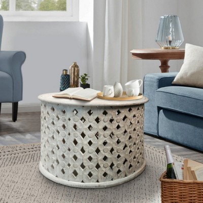 Syemin End Tables Artisanal Round Wood Coffee Table, Modern Accent Table, Coffee Table with Intricate Diamond Cut Out Frame, White, 28"*28"*18"