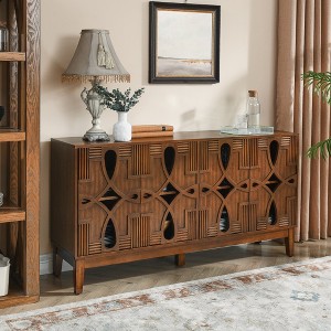 Mid Century Modern Accent Cabinet with 4 Hollow Carved Doors and Outlet Holes, Sideboard Buffet Cabinet with Storage Shelves for Kitchen, Living Room - 1 of 4